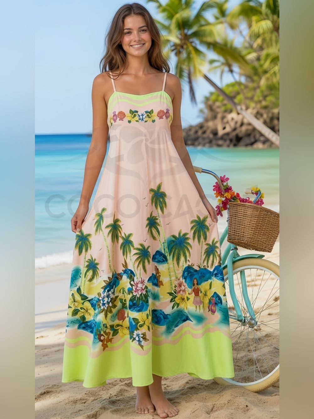 Island Tropical Floral Palm Print Spaghetti Straps Flared Skirt